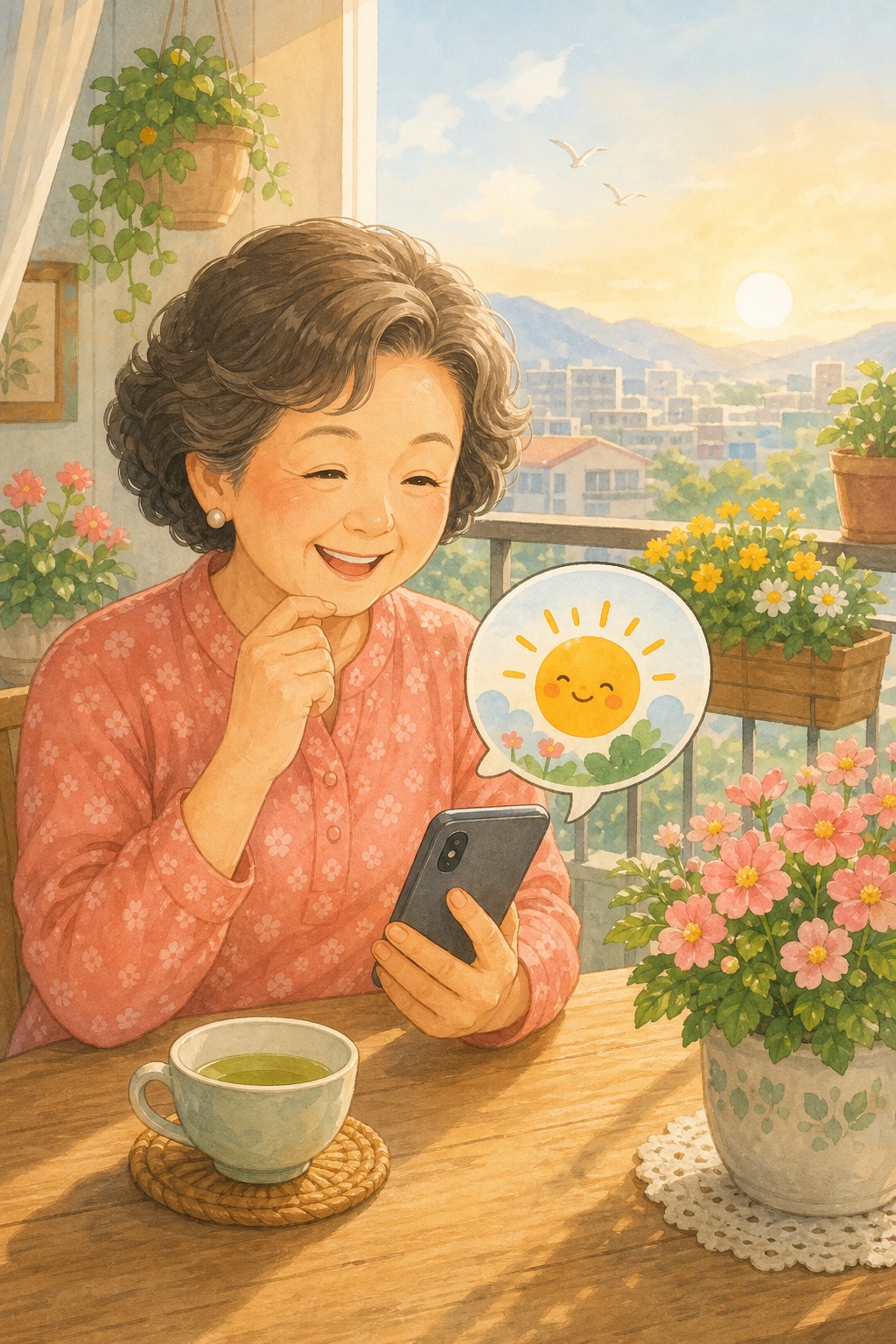 AI 生成的三代同堂全家福插畫案例，畫面是溫暖客廳裡的祖父母、父母與孫子女
