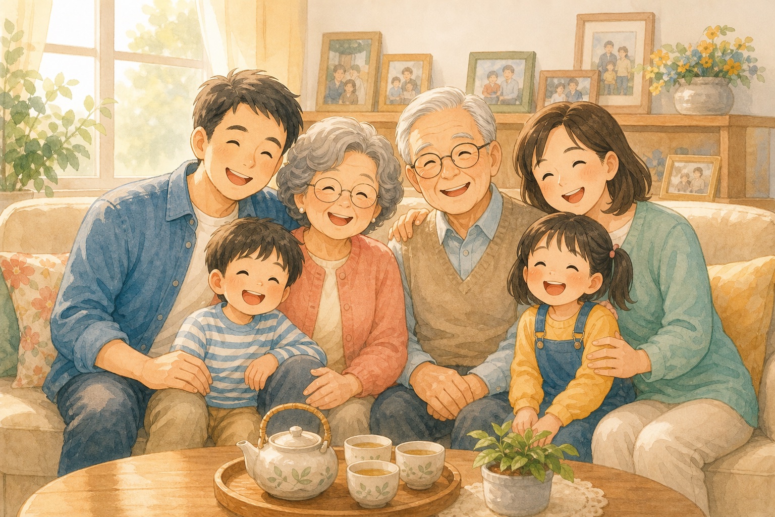 AI 生成的早安圖案例，畫面是台灣家庭陽台、花草、茶杯與準備傳訊息的熟齡女性