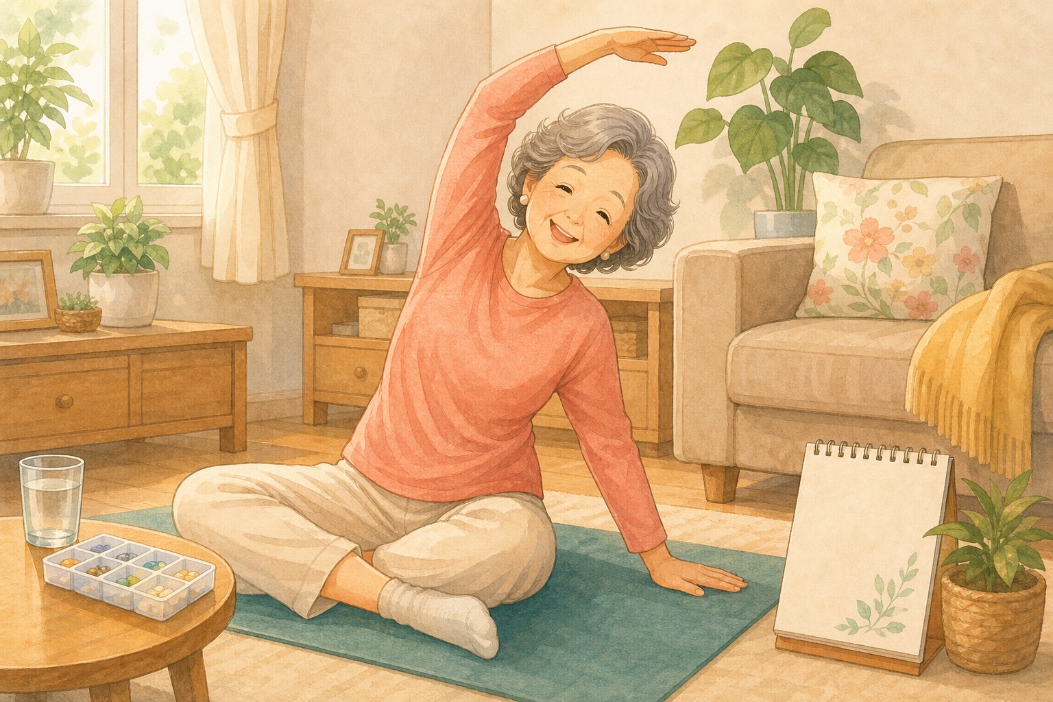 AI 生成的保健生活圖卡案例，畫面是熟齡女性在客廳做輕伸展，旁邊有水杯、瑜珈墊與日常補給收納