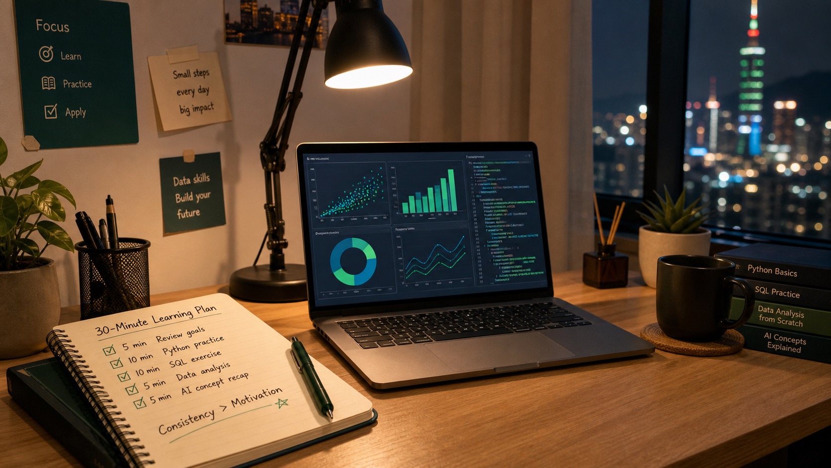 夜晚居家工作桌上有筆電資料圖表、Python 與 SQL 學習筆記、咖啡和檯燈，呈現 DataCamp 下班資料技能進修情境