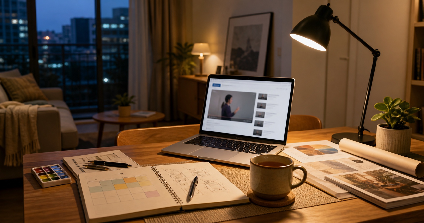 夜晚家中餐桌上有筆電線上課程、學習筆記、茶杯與創作工具，呈現 Hahow 中文課程下班進修情境