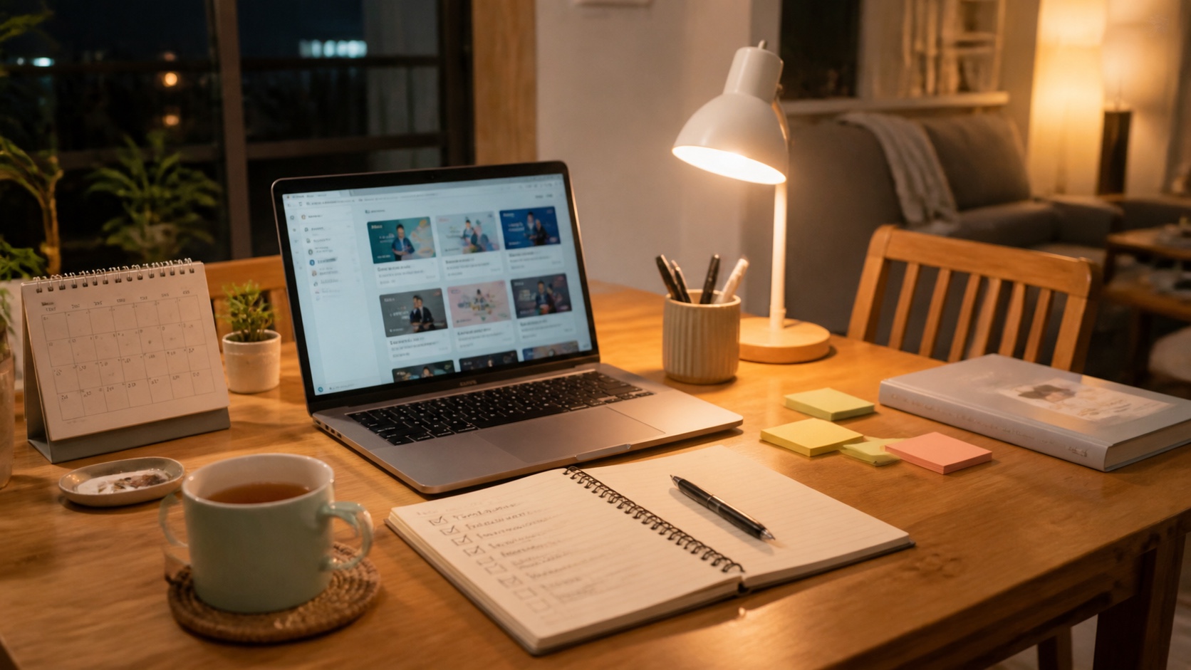 夜晚餐桌上有筆電課程清單、筆記本、月曆、茶杯與檯燈，呈現 Udemy 下班自學選課情境
