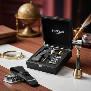 【FREED】免費客製化刻字 古銅系列尊爵四件組五刀式刮鬍刀禮盒 - 大地綠(獨家紳士客製禮盒) 生日禮物 男友禮物 父親節禮物，圖片來源：momo 商品頁 / 永利國際有限公司